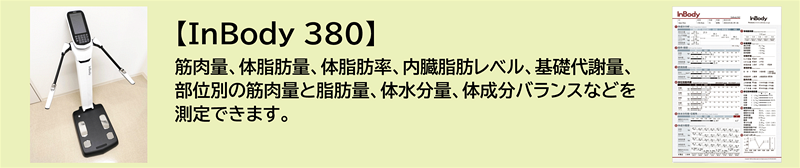 【InBody 380】筋肉量、体脂肪量、体脂肪率、内臓脂肪レベル、基礎代謝量、部位別の筋肉量と脂肪量、体水分量、体成分バランスなどを測定できます。