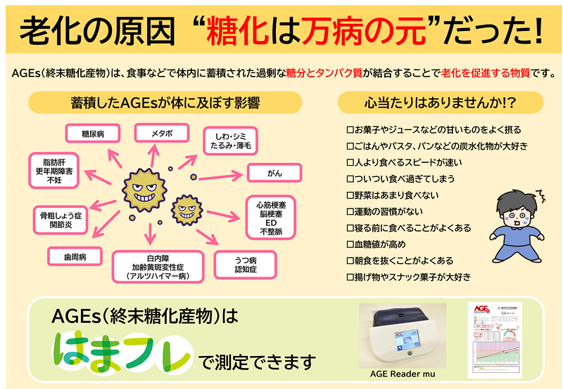 AGEs(終末糖化産物)はハマフレで測定できます。